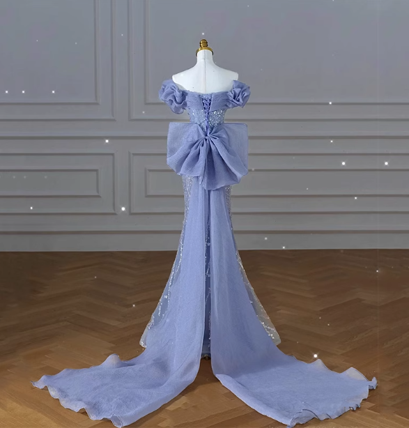 Elegant Dreamy Blue Mermaid Off-The-Shoulder Bow Sequined Tulle Train Classy Prom Dress