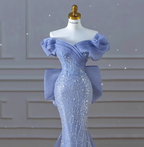 Elegant Dreamy Blue Mermaid Off-The-Shoulder Bow Sequined Tulle Train Classy Prom Dress