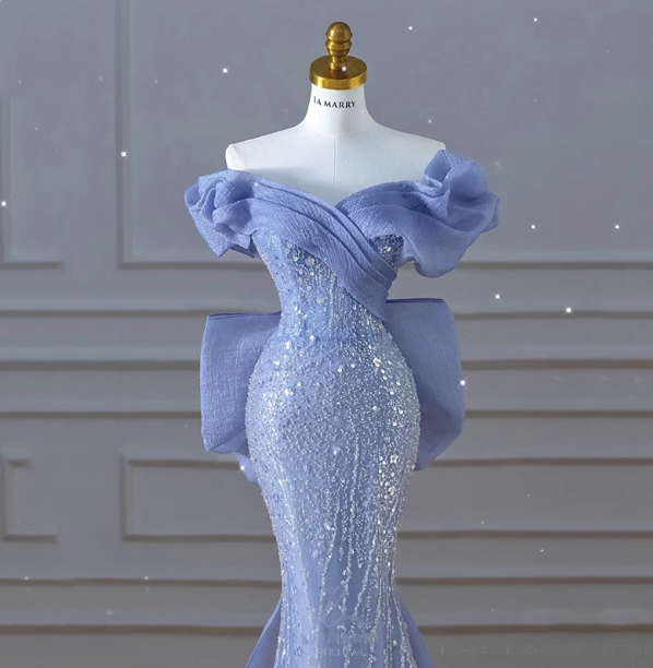 Elegant Dreamy Blue Mermaid Off-The-Shoulder Bow Sequined Tulle Train Classy Prom Dress