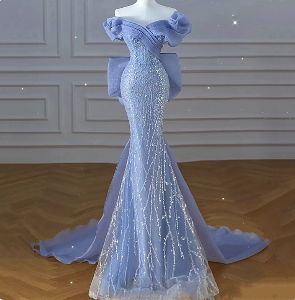 Elegant Dreamy Blue Mermaid Off-The-Shoulder Bow Sequined Tulle Train Classy Prom Dress Main image