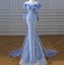 Elegant Dreamy Blue Mermaid Off-The-Shoulder Bow Sequined Tulle Train Classy Prom Dress