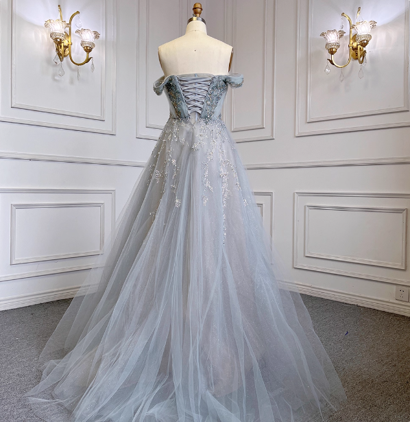 Elegant Dusty Blue A-Line Off-The-Shoulder Beaded Tulle Long Classy Prom Dress Secondary image