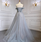Elegant Dusty Blue A-Line Off-The-Shoulder Beaded Tulle Long Classy Prom Dress
