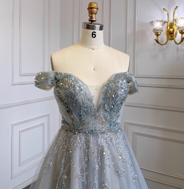 Elegant Dusty Blue A-Line Off-The-Shoulder Beaded Tulle Long Classy Prom Dress