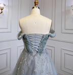 Elegant Dusty Blue A-Line Off-The-Shoulder Beaded Tulle Long Classy Prom Dress