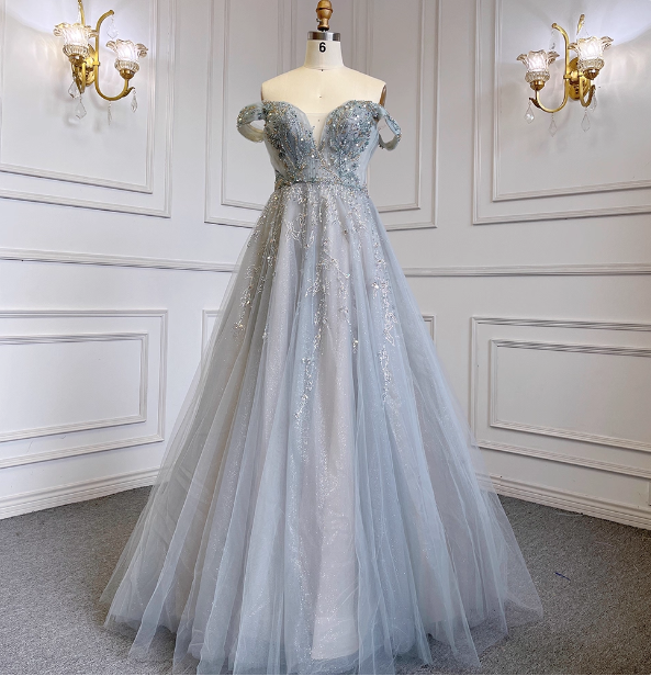 Elegant Dusty Blue A-Line Off-The-Shoulder Beaded Tulle Long Classy Prom Dress Main image