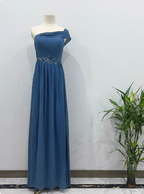 Elegant Dusty Blue One-Shoulder Chiffon Classy Prom Dress Bridesmaid Dress
