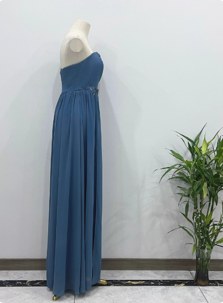 Elegant Dusty Blue One-Shoulder Chiffon Classy Prom Dress Bridesmaid Dress