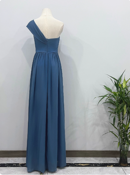 Elegant Dusty Blue One-Shoulder Chiffon Classy Prom Dress Bridesmaid Dress