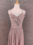 Elegant Dusty Pink Spaghetti Strap Ruffled Chiffon Long Classy Prom Dress Bridesmaid Dress