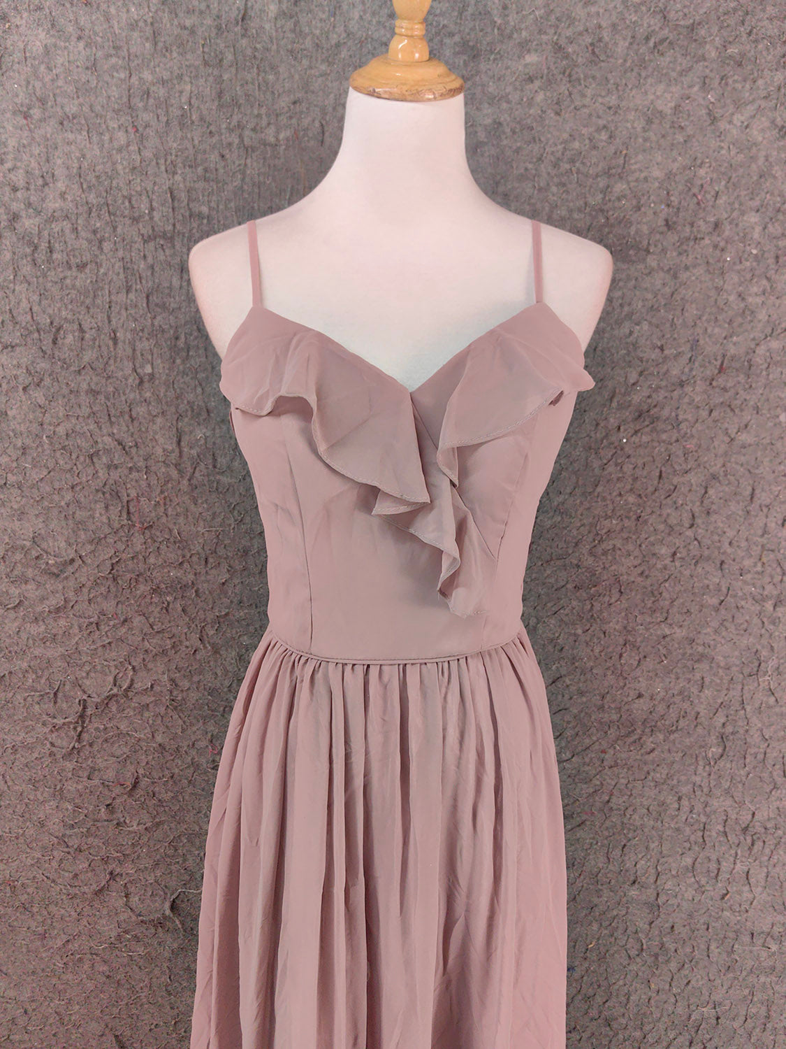 Elegant Dusty Pink Spaghetti Strap Ruffled Chiffon Long Classy Prom Dress Bridesmaid Dress