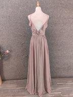 Elegant Dusty Pink Spaghetti Strap Ruffled Chiffon Long Classy Prom Dress Bridesmaid Dress