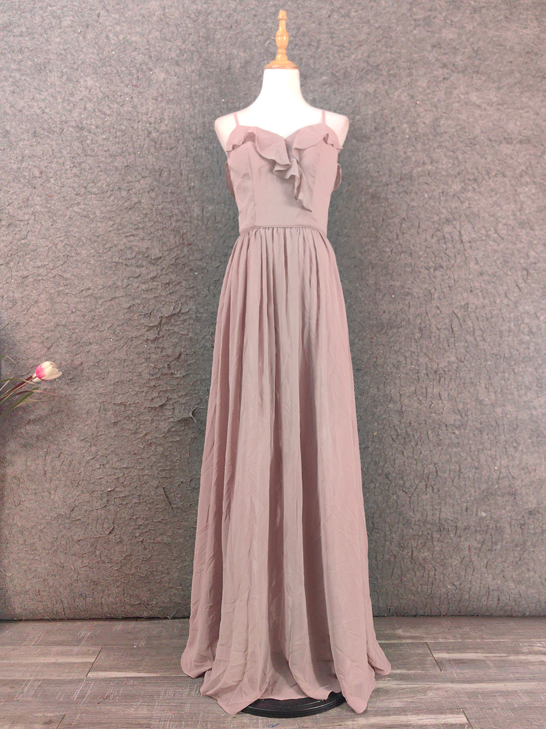 Elegant Dusty Pink Spaghetti Strap Ruffled Chiffon Long Classy Prom Dress Bridesmaid Dress