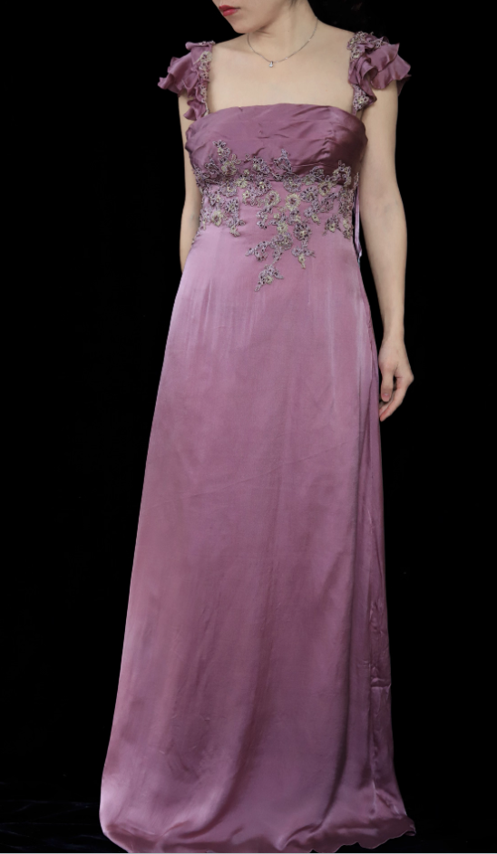 Elegant Dusty Rose Square Neck Spaghetti Strap Embroidered Ruffle Satin Long Classy Prom Dress Secondary image