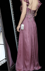 Elegant Dusty Rose Square Neck Spaghetti Strap Embroidered Ruffle Satin Long Classy Prom Dress