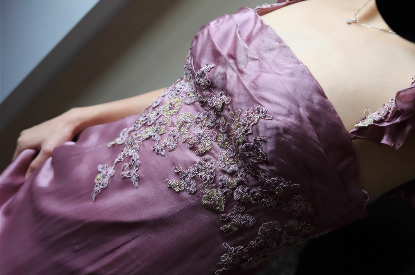 Elegant Dusty Rose Square Neck Spaghetti Strap Embroidered Ruffle Satin Long Classy Prom Dress