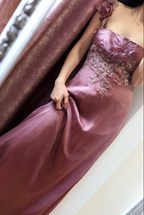 Elegant Dusty Rose Square Neck Spaghetti Strap Embroidered Ruffle Satin Long Classy Prom Dress