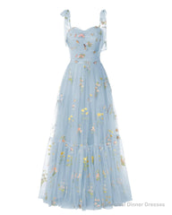 Elegant Embroidery Blue Prom Dresses Sweetheart Spaghetti Straps A Line Party Dress Long Simple Formal Dress