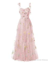 Elegant Embroidery Pink Prom Dresses Sweetheart Spaghetti Straps A Line Party Dress Long Simple Formal Dress