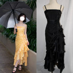Vintage Spaghetti Straps Chiffon Satin Ruffled Classy Prom Dress Fairytale Party Dress
