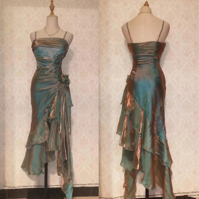 Vintage Spaghetti Straps Chiffon Satin Ruffled Classy Prom Dress Fairytale Party Dress