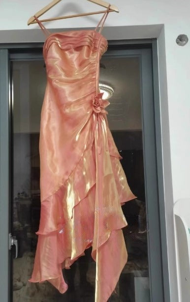 Vintage Spaghetti Straps Chiffon Satin Ruffled Classy Prom Dress Fairytale Party Dress