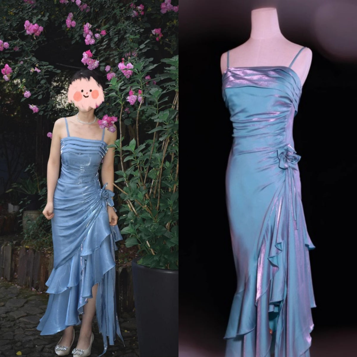 Vintage Spaghetti Straps Chiffon Satin Ruffled Classy Prom Dress Fairytale Party Dress