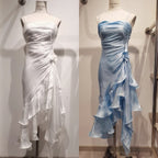 Vintage Spaghetti Straps Chiffon Satin Ruffled Classy Prom Dress Fairytale Party Dress
