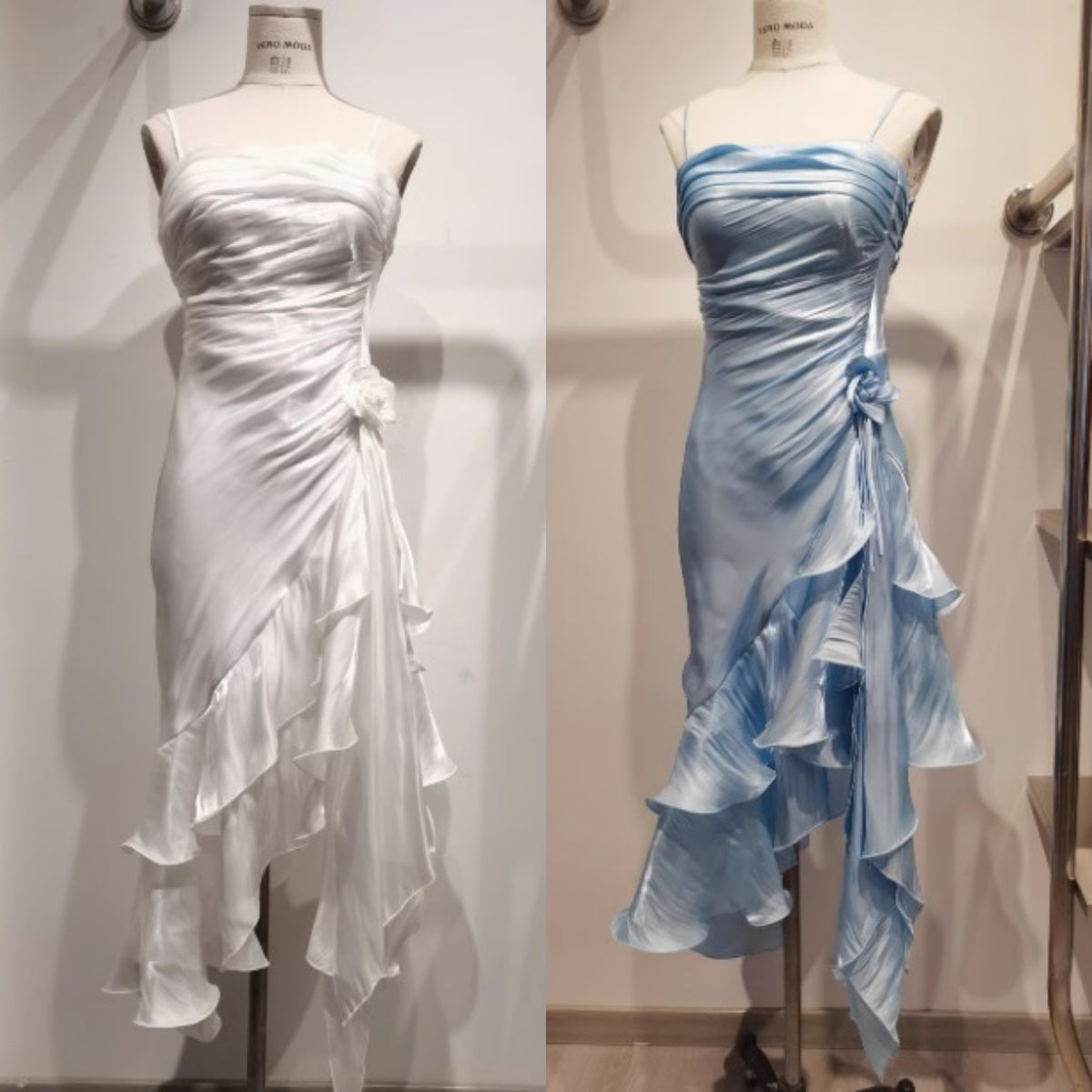 Vintage Spaghetti Straps Chiffon Satin Ruffled Classy Prom Dress Fairytale Party Dress