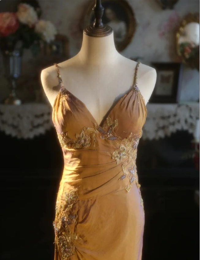 Elegant Ginger Yellow Mermaid V-Neck Beaded Embroidered Satin Classy Prom Dress