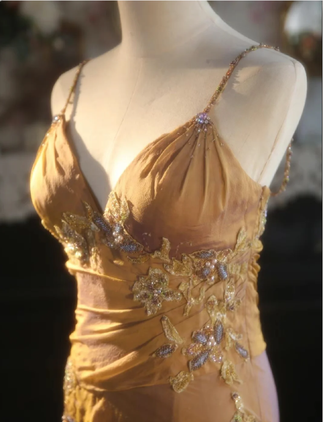 Elegant Ginger Yellow Mermaid V-Neck Beaded Embroidered Satin Classy Prom Dress