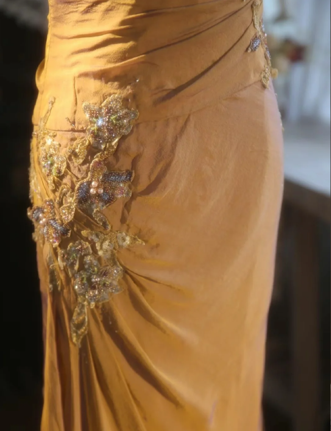 Elegant Ginger Yellow Mermaid V-Neck Beaded Embroidered Satin Classy Prom Dress