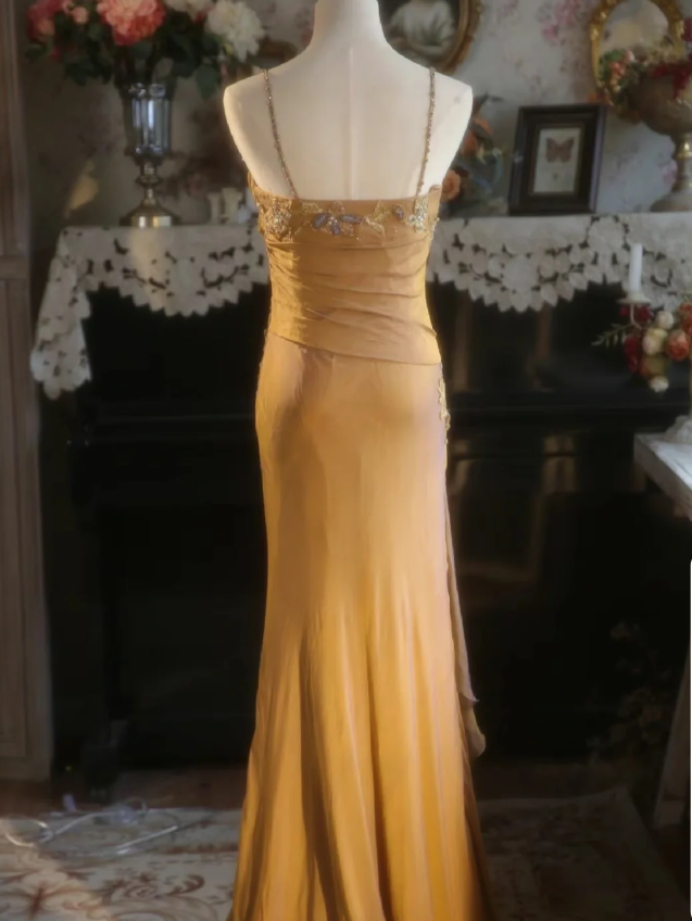 Elegant Ginger Yellow Mermaid V-Neck Beaded Embroidered Satin Classy Prom Dress