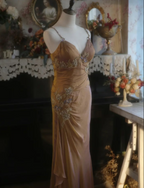 Elegant Ginger Yellow Mermaid V-Neck Beaded Embroidered Satin Classy Prom Dress