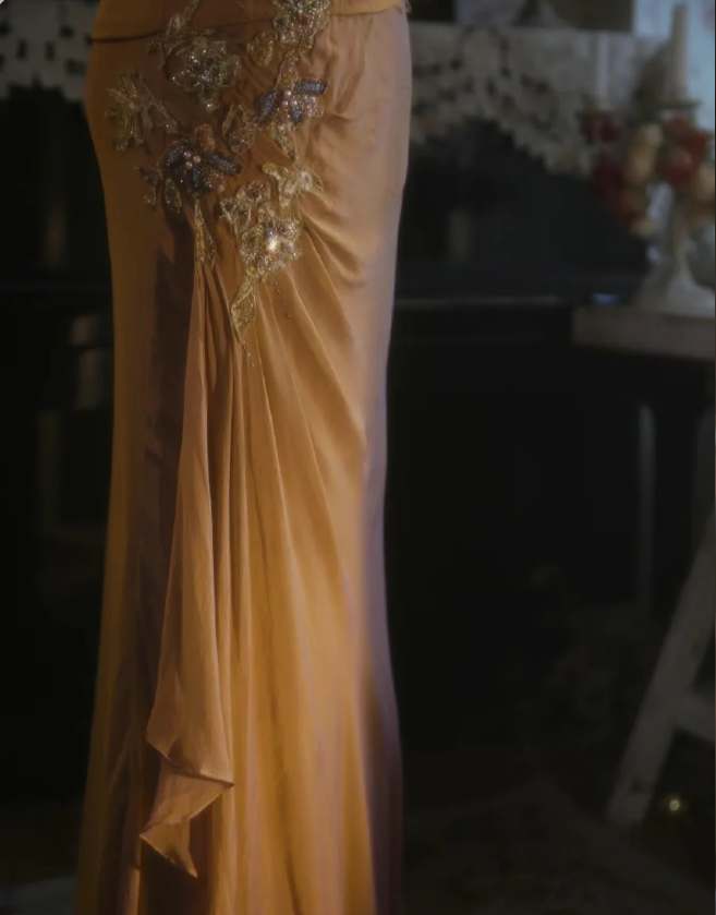 Elegant Ginger Yellow Mermaid V-Neck Beaded Embroidered Satin Classy Prom Dress