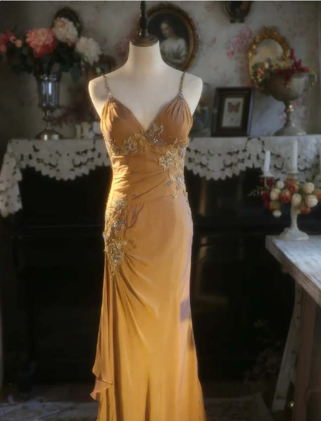 Elegant Ginger Yellow Mermaid V-Neck Beaded Embroidered Satin Classy Prom Dress Main image
