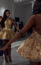 Elegant Glitter Mini 17Th Birthday Dress Gold Birthday Outfit