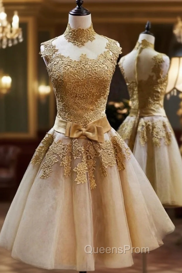 Elegant Gold Applique Homecoming Dress High Neck Knee Length A Line Main image