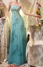 Elegant Gradient Blue Oil Painting Beaded Long Prom Dress
