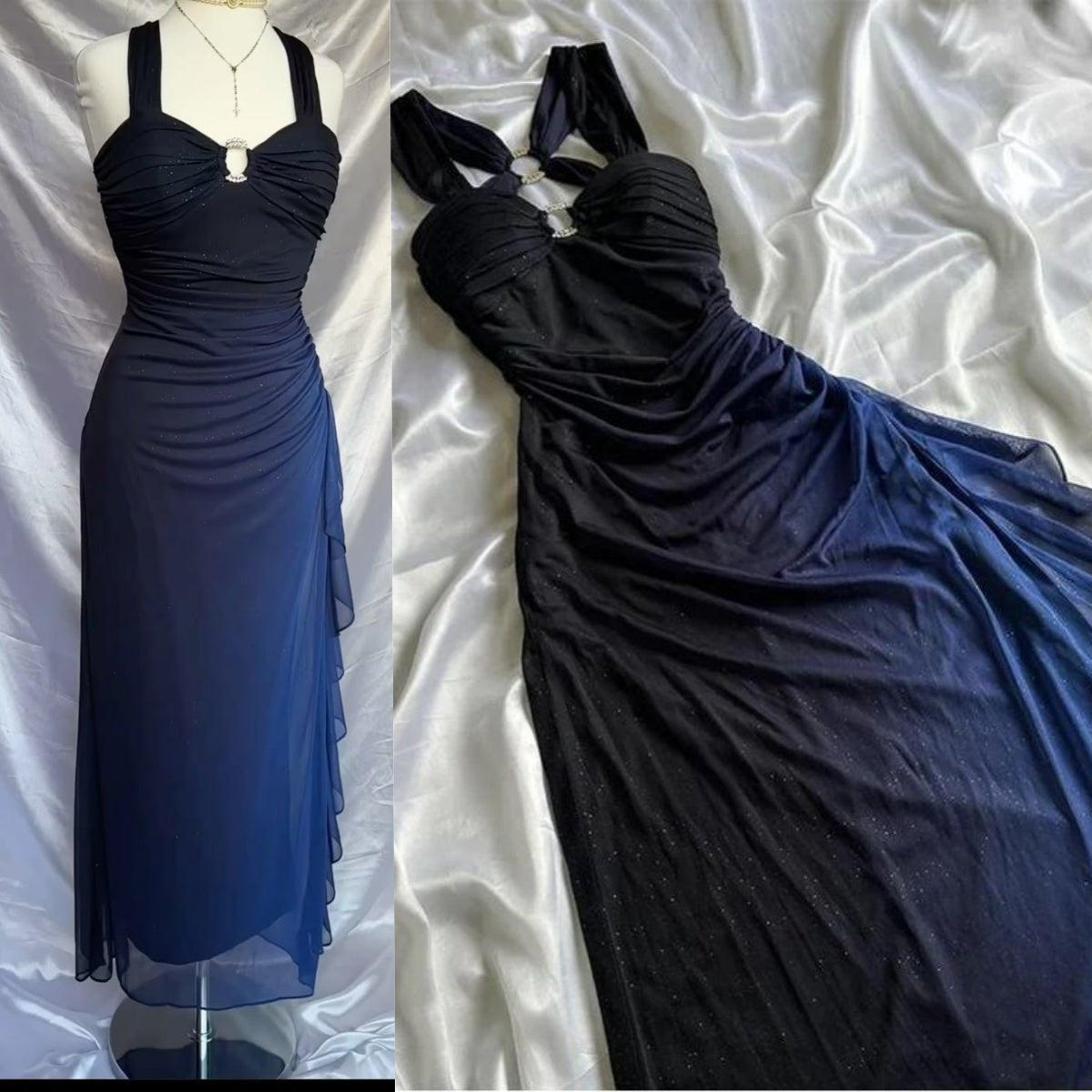 Affordable Dress Under $160||Elegant Gradient Navy Blue Sheath Spaghetti Straps Sparkling Chiffon Classy Prom Dress For Party