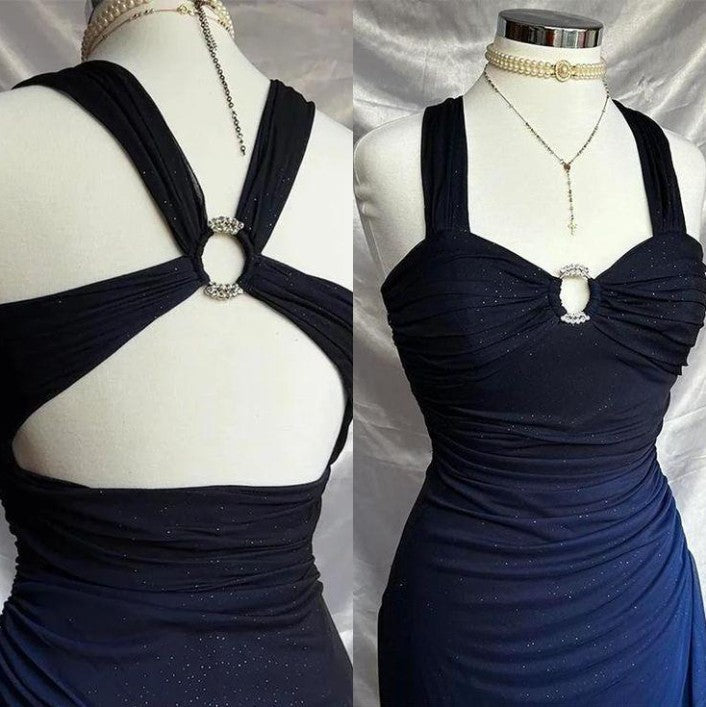 Affordable Dress Under $160||Elegant Gradient Navy Blue Sheath Spaghetti Straps Sparkling Chiffon Classy Prom Dress For Party
