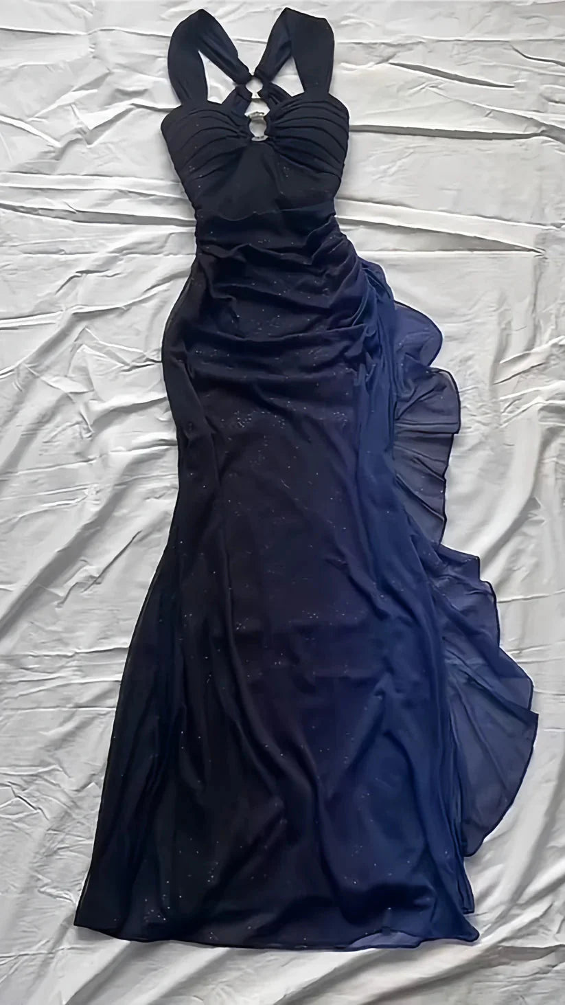 Affordable Dress Under $160||Elegant Gradient Navy Blue Sheath Spaghetti Straps Sparkling Chiffon Classy Prom Dress For Party