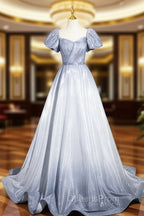 Elegant Gradient Short Sleeve Part Dress, A-Line Blue Evening Dress