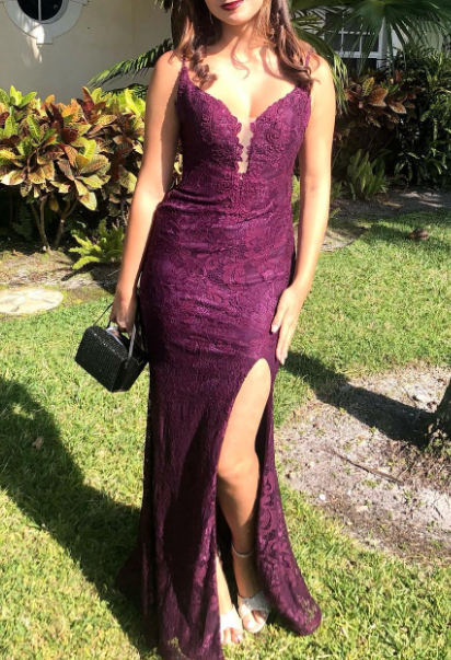 Elegant Mermaid Classy Dress Under $170’Å?Charming Grape Spaghetti Straps Applique Long Backless Classy Prom Dress With Slit