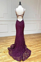 Elegant Mermaid Classy Dress Under $170’Å?Charming Grape Spaghetti Straps Applique Long Backless Classy Prom Dress With Slit