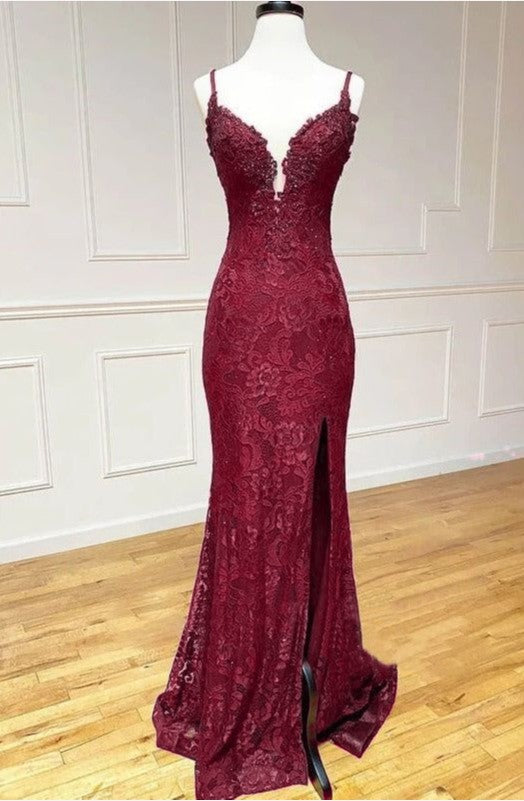 Elegant Mermaid Classy Dress Under $170’Å?Charming Grape Spaghetti Straps Applique Long Backless Classy Prom Dress With Slit