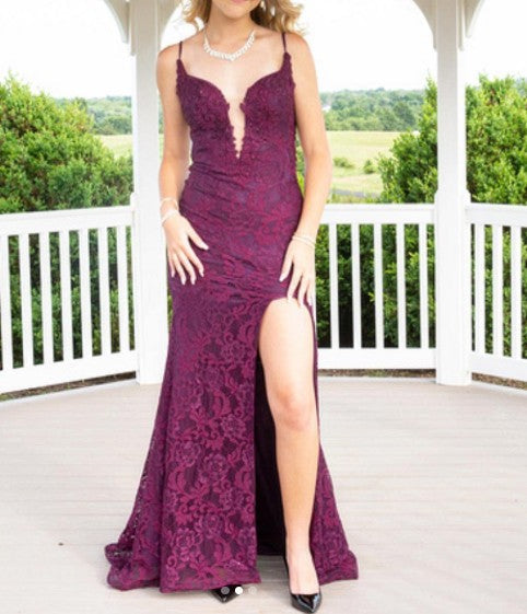 Elegant Mermaid Classy Dress Under $170’Å?Charming Grape Spaghetti Straps Applique Long Backless Classy Prom Dress With Slit