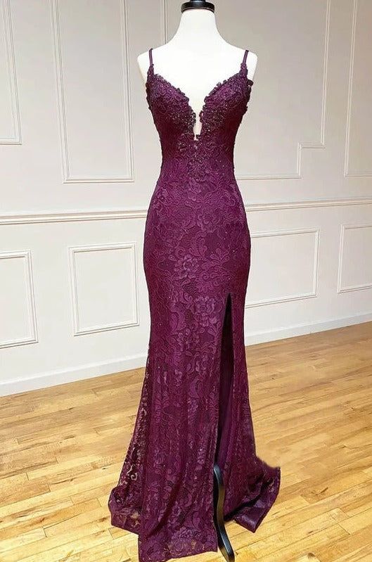 Elegant Mermaid Classy Dress Under $170’Å?Charming Grape Spaghetti Straps Applique Long Backless Classy Prom Dress With Slit