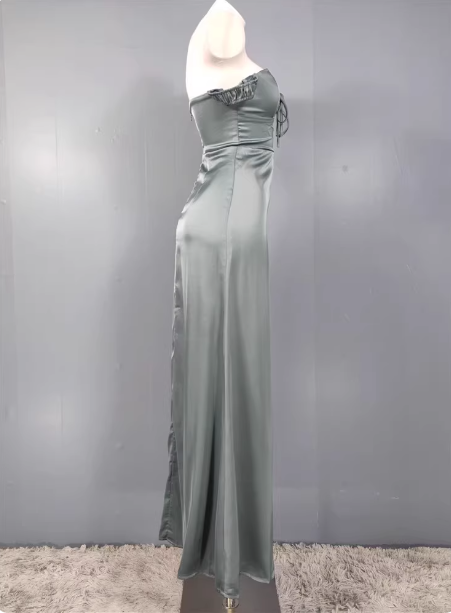 Elegant Gray Green Sweetheart Neckline Slim Slit Satin Long Classy Prom Dress