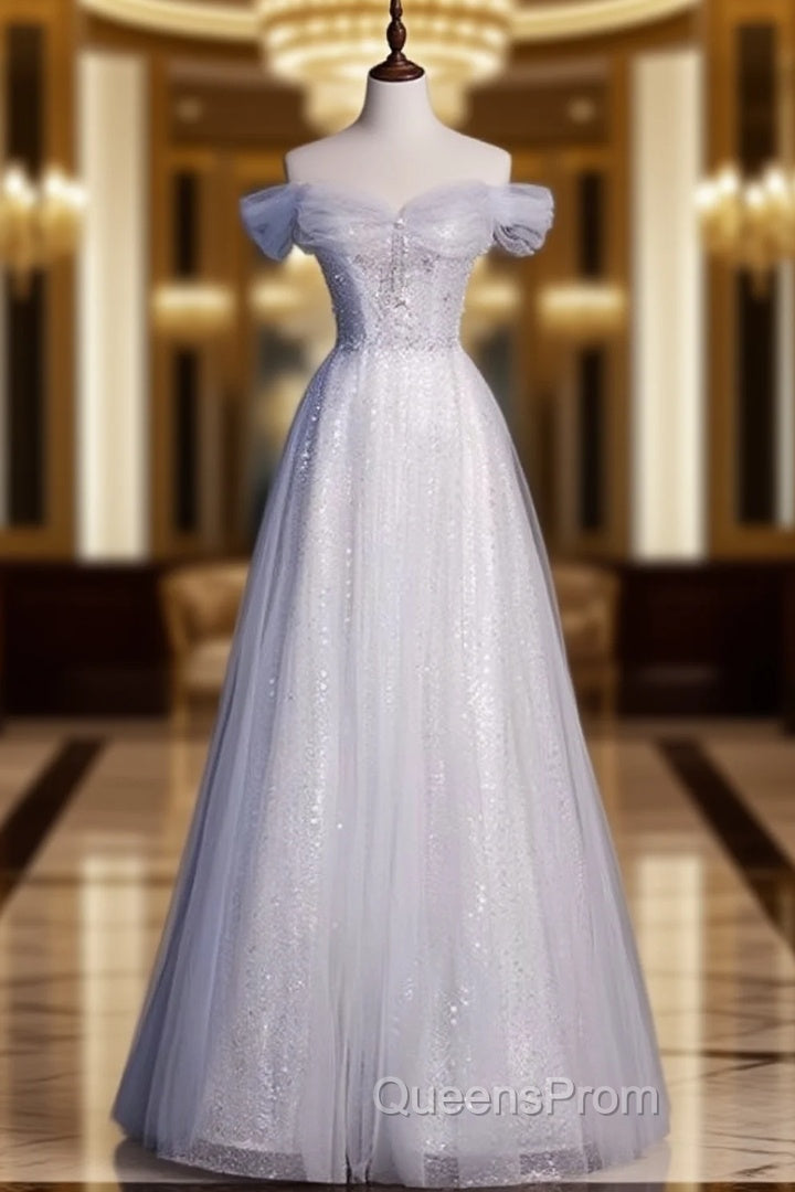 Elegant Gray Tulle Sequins Evening Prom Dress